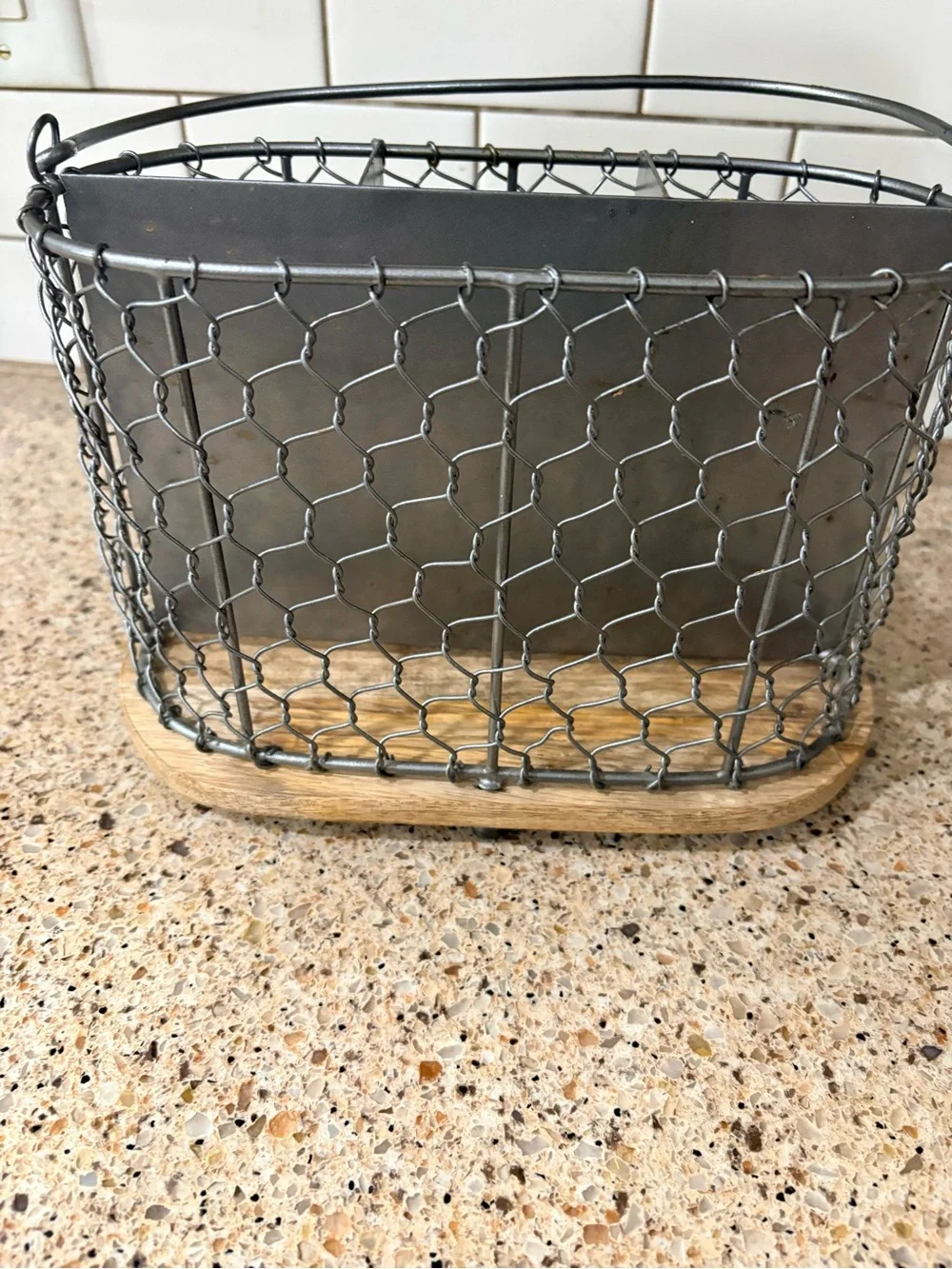 Rustic Metal Wire Organizer with Wood Base - Gray utensil holder- farmhouse